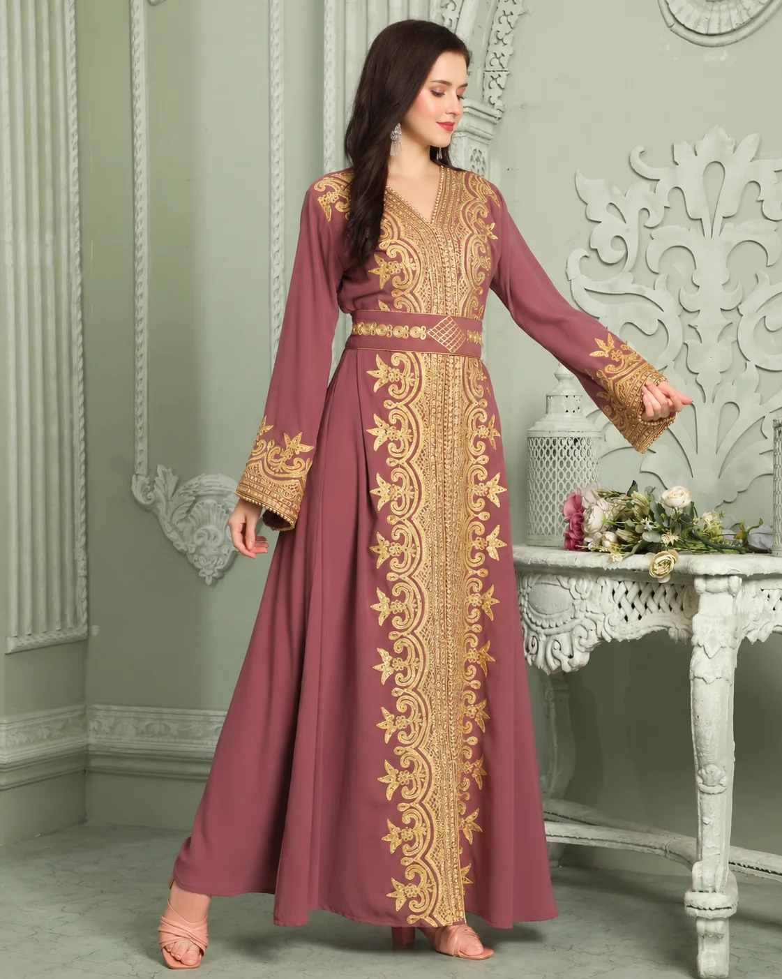 Puce Pink Jalabiya Kaftan with Gold Embroidery and Stone Work - Image 5