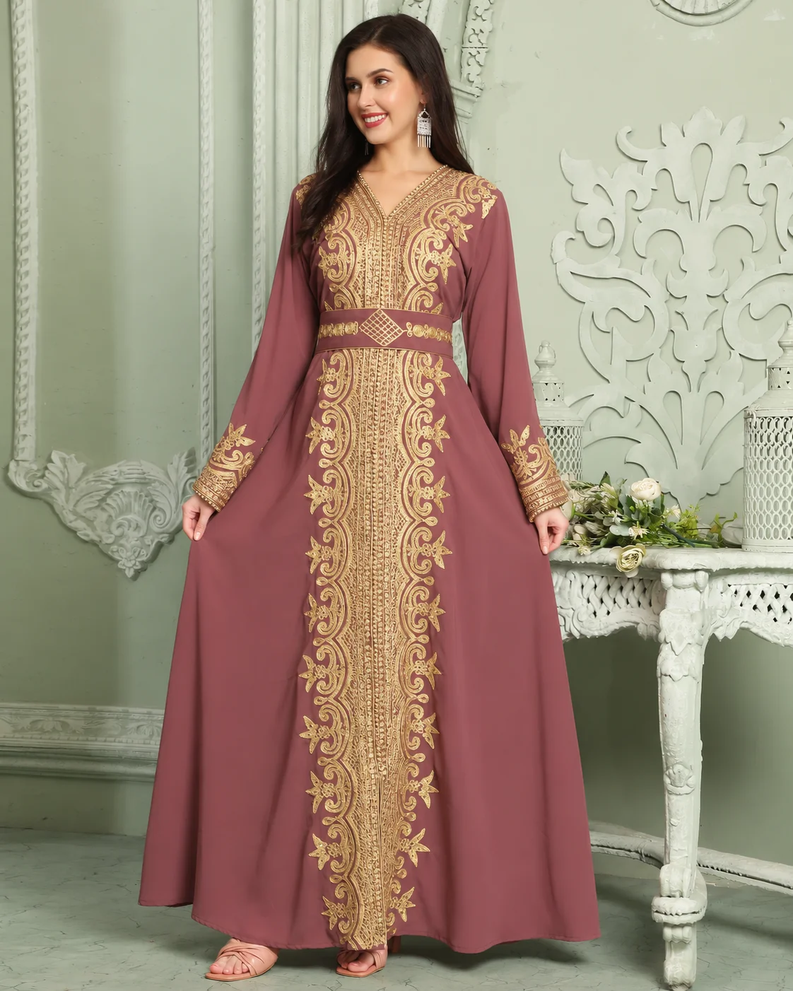 Puce Pink Jalabiya Kaftan with Gold Embroidery and Stone Work - Image 2