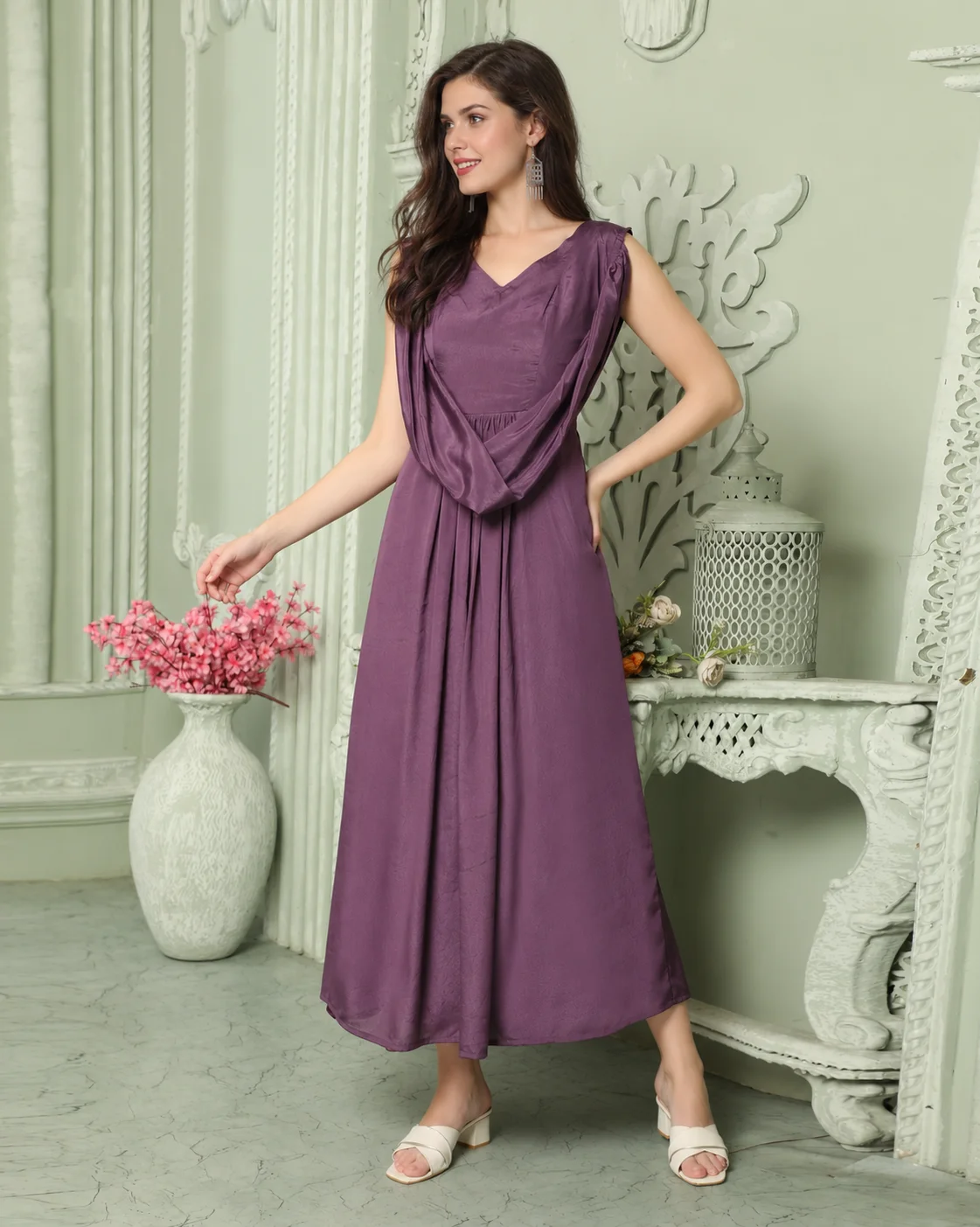 Purple Crepe Silk Party Dress with Attached Waist Belt