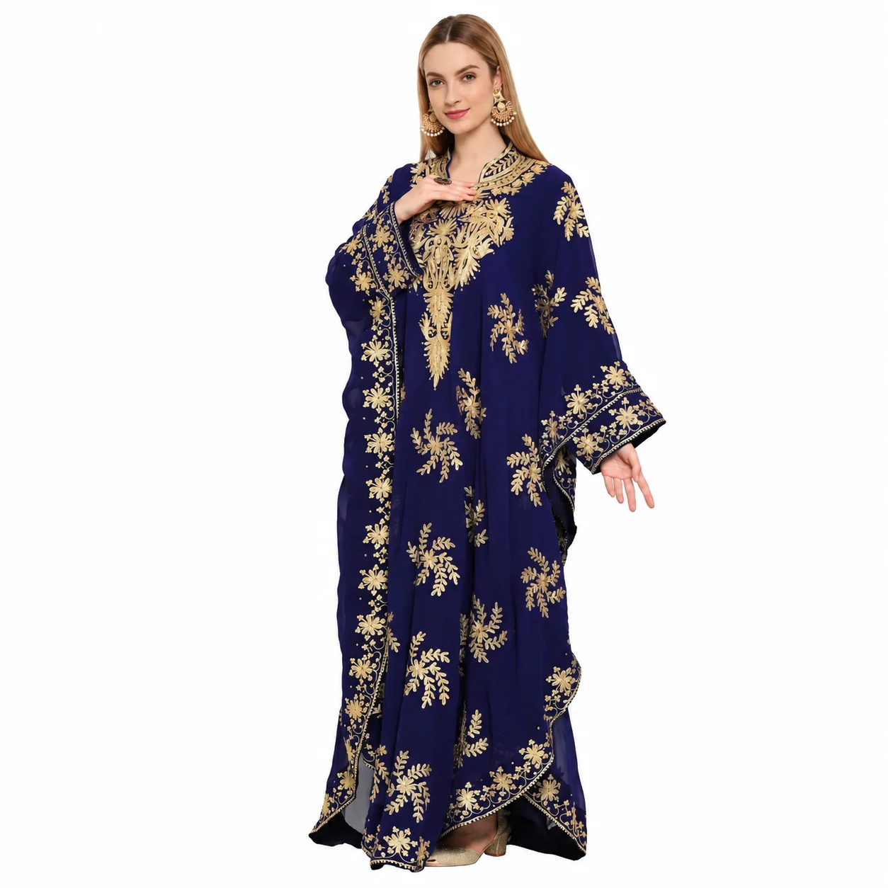 Navy Blue Georgette Evening Gown with Golden Crystal Embroidery - Image 6