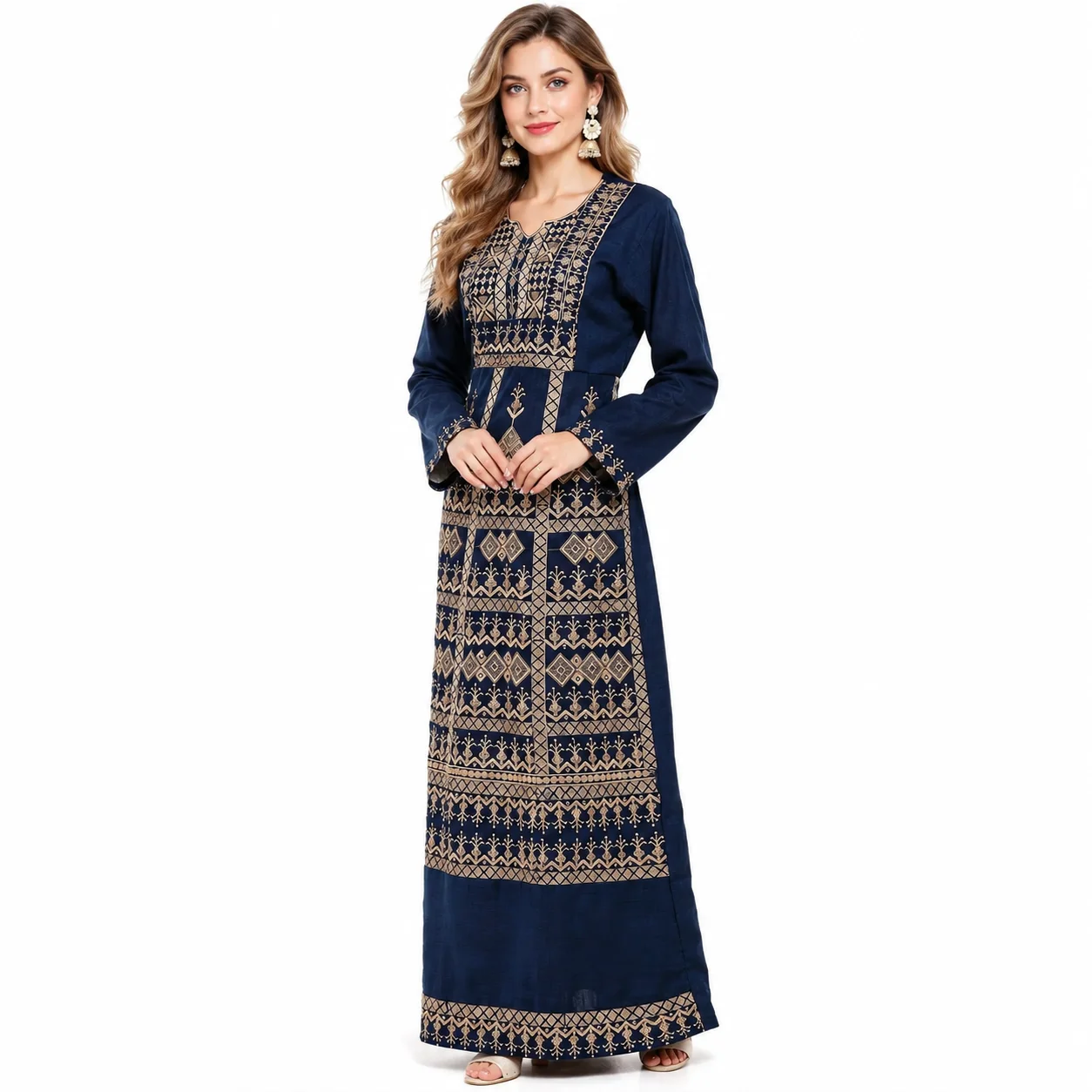 Navy Blue Embroidered Rayon Maxi Dress for Women - Image 6