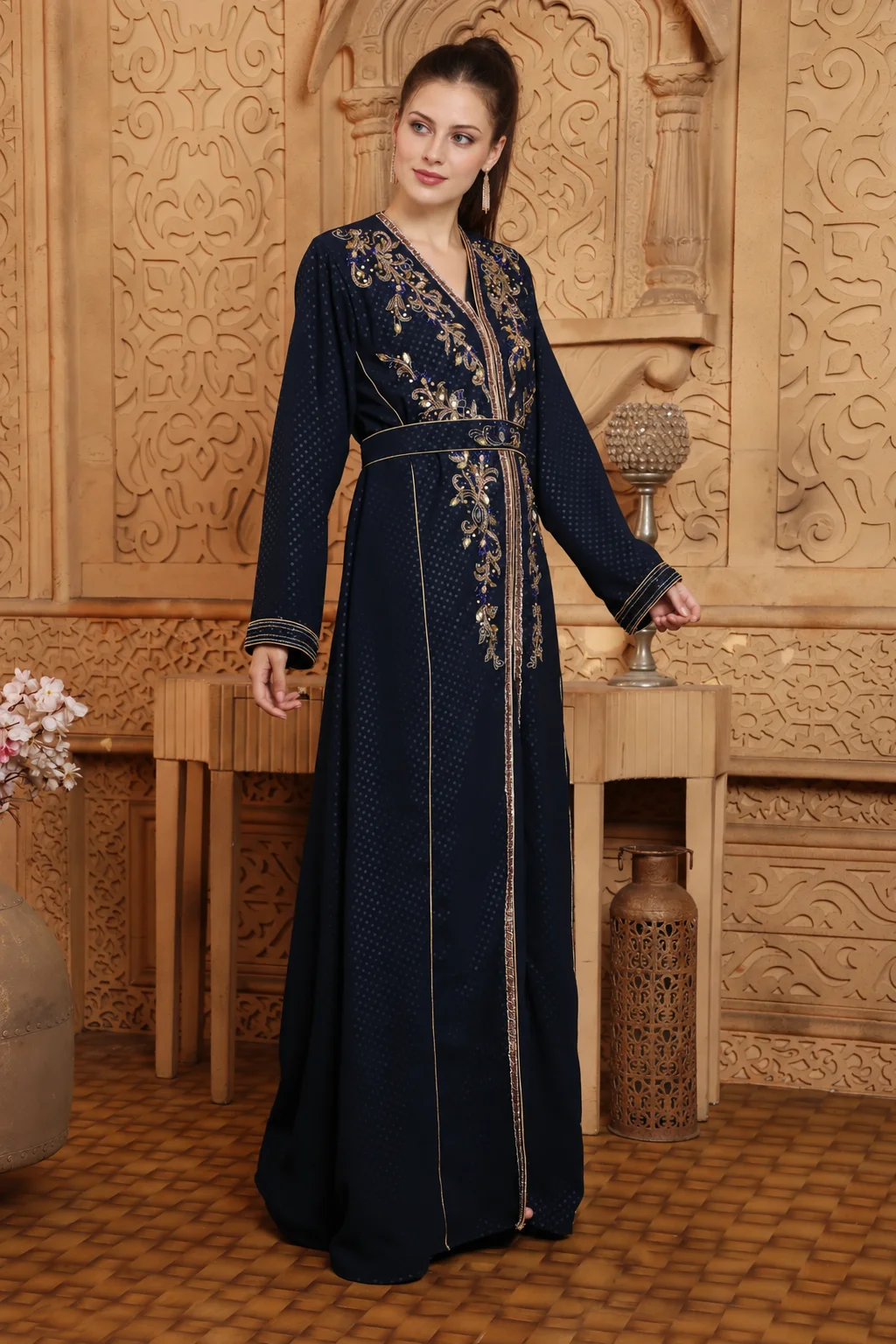 Dark Blue Moroccan Kaftan Gown with Gold Crystal Beading