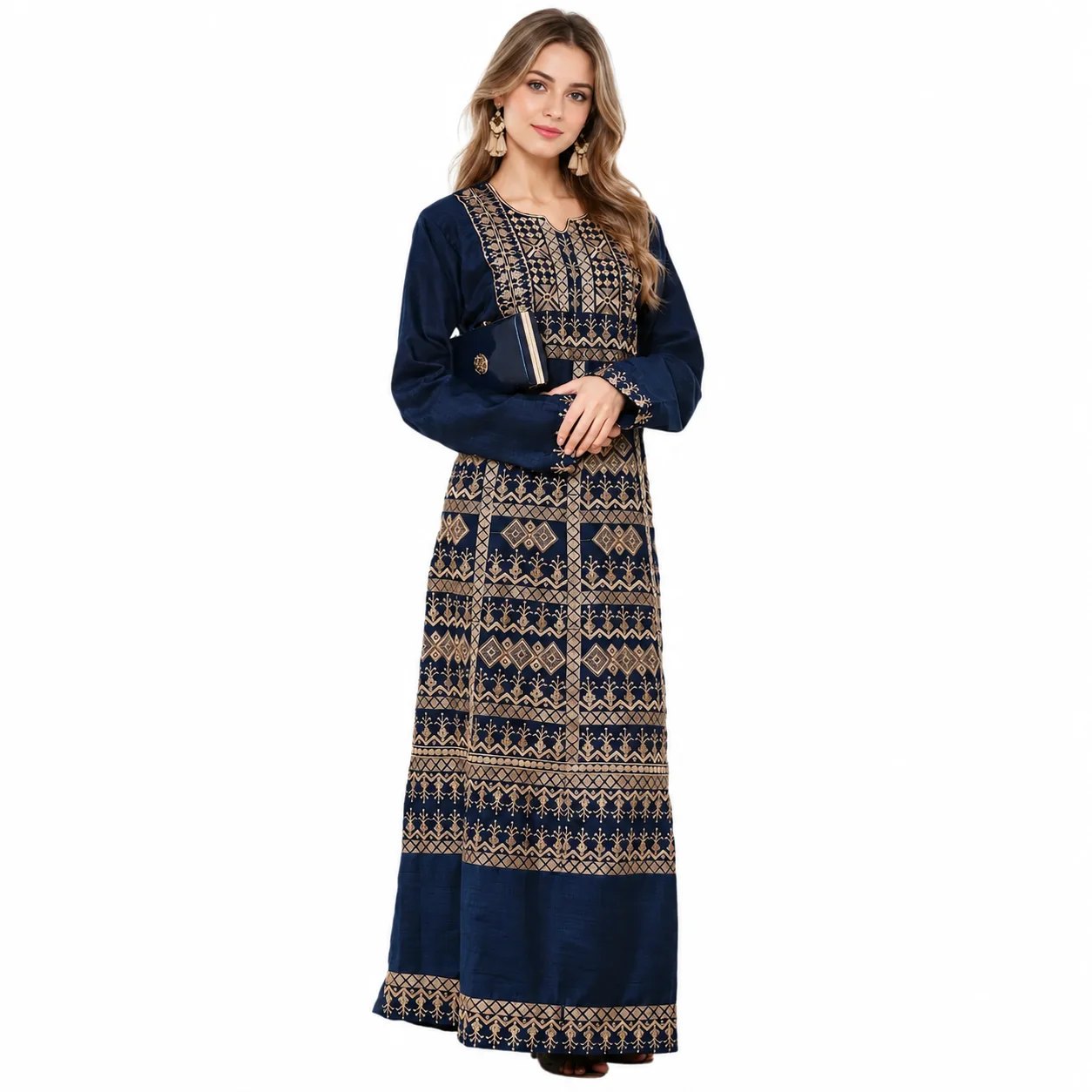 Navy Blue Embroidered Rayon Maxi Dress for Women