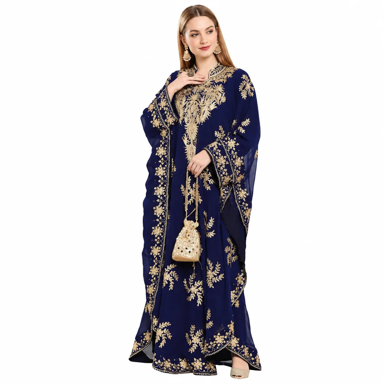 Navy Blue Georgette Evening Gown with Golden Crystal Embroidery - Image 7