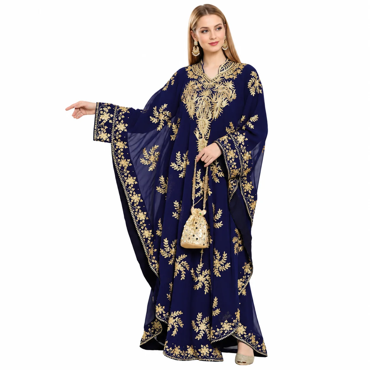 Navy Blue Georgette Evening Gown with Golden Crystal Embroidery - Image 9