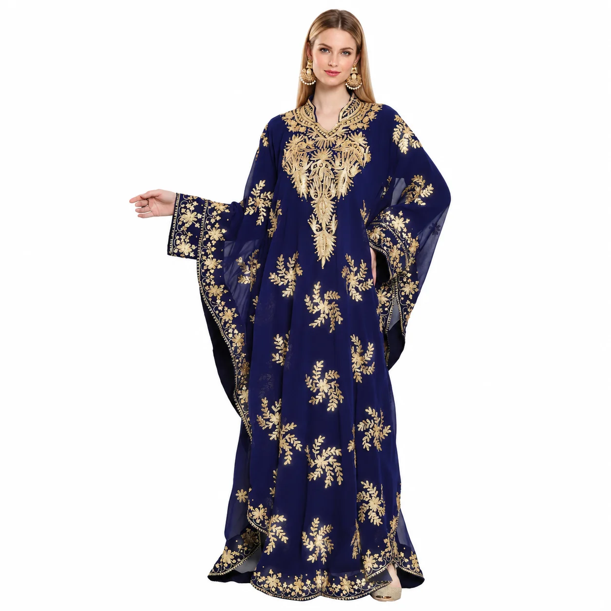 Navy Blue Georgette Evening Gown with Golden Crystal Embroidery