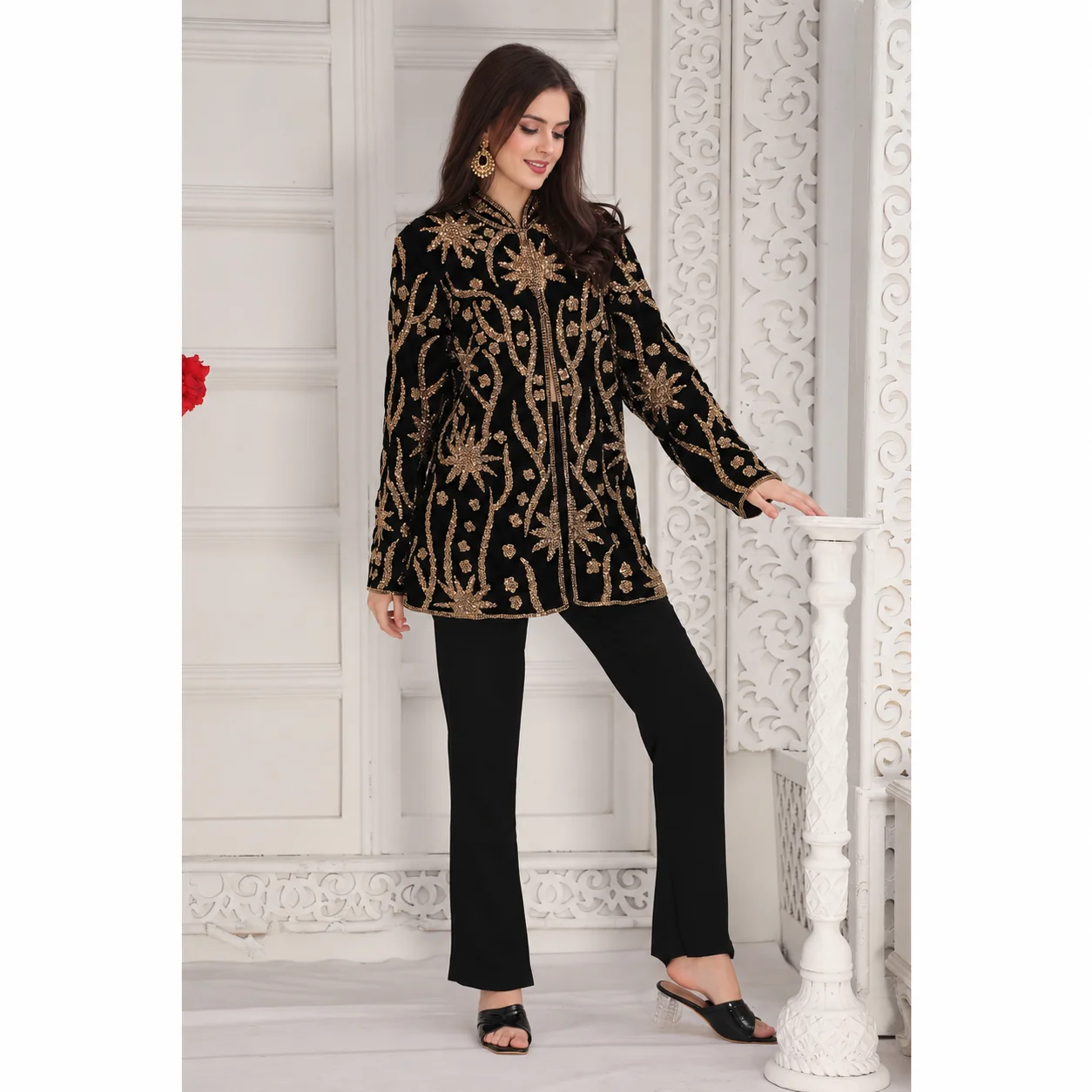 Black Velvet Jacket Top with Golden Cut Dana Embroidery