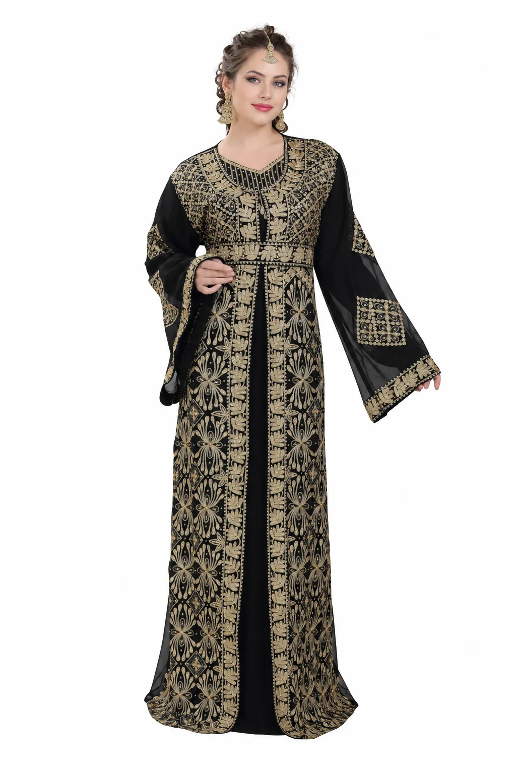 Black Arabian Walima Kaftan Gown with Golden Crystal Embroidery