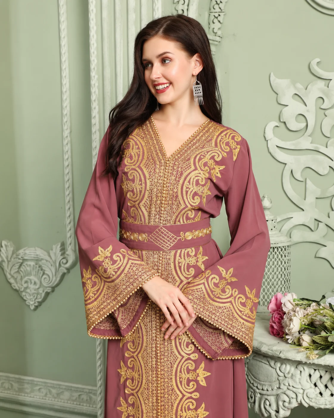 Puce Pink Jalabiya Kaftan with Gold Embroidery and Stone Work
