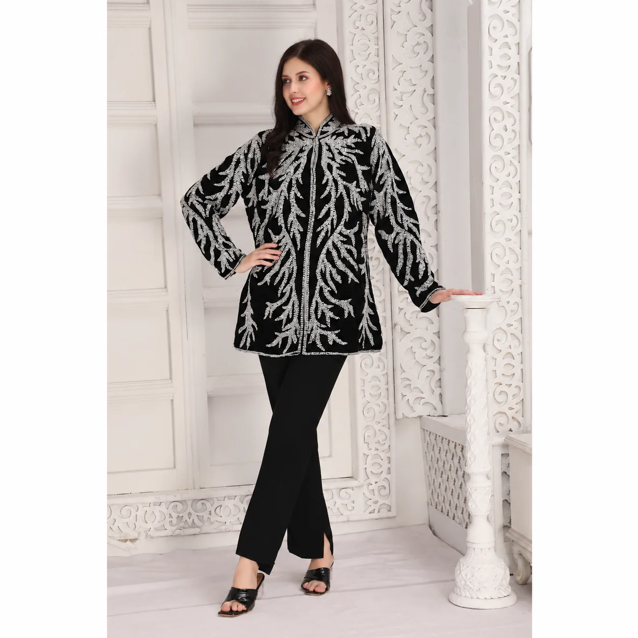 Black Velvet Jacket with Silver Crystal Cut Dana Embroidery