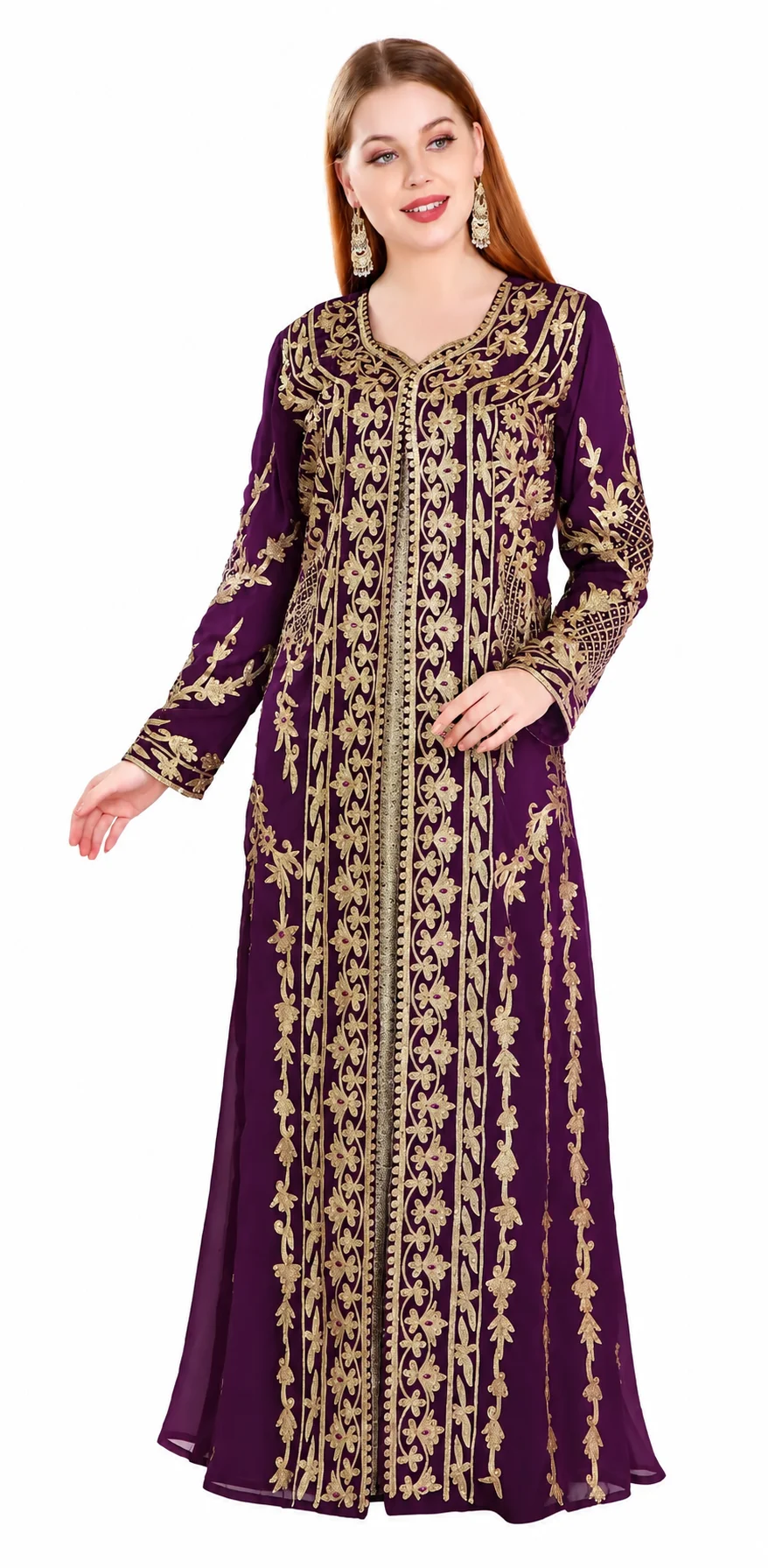 Purple Arabian Designer Caftan Gown with Golden Embroidery - Image 2
