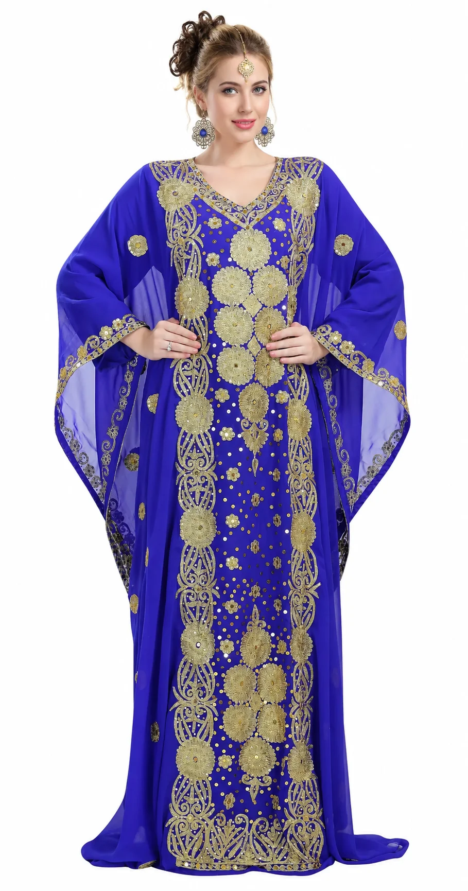 Royal Blue Arabian Maxi Dress with Golden Aari Embroidery - Image 3