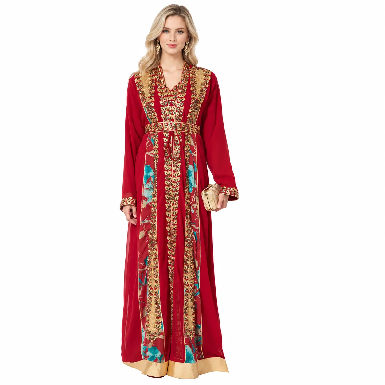 Red Jellabiya Maxi Gown with Traditional Golden Embroidery - Image 7