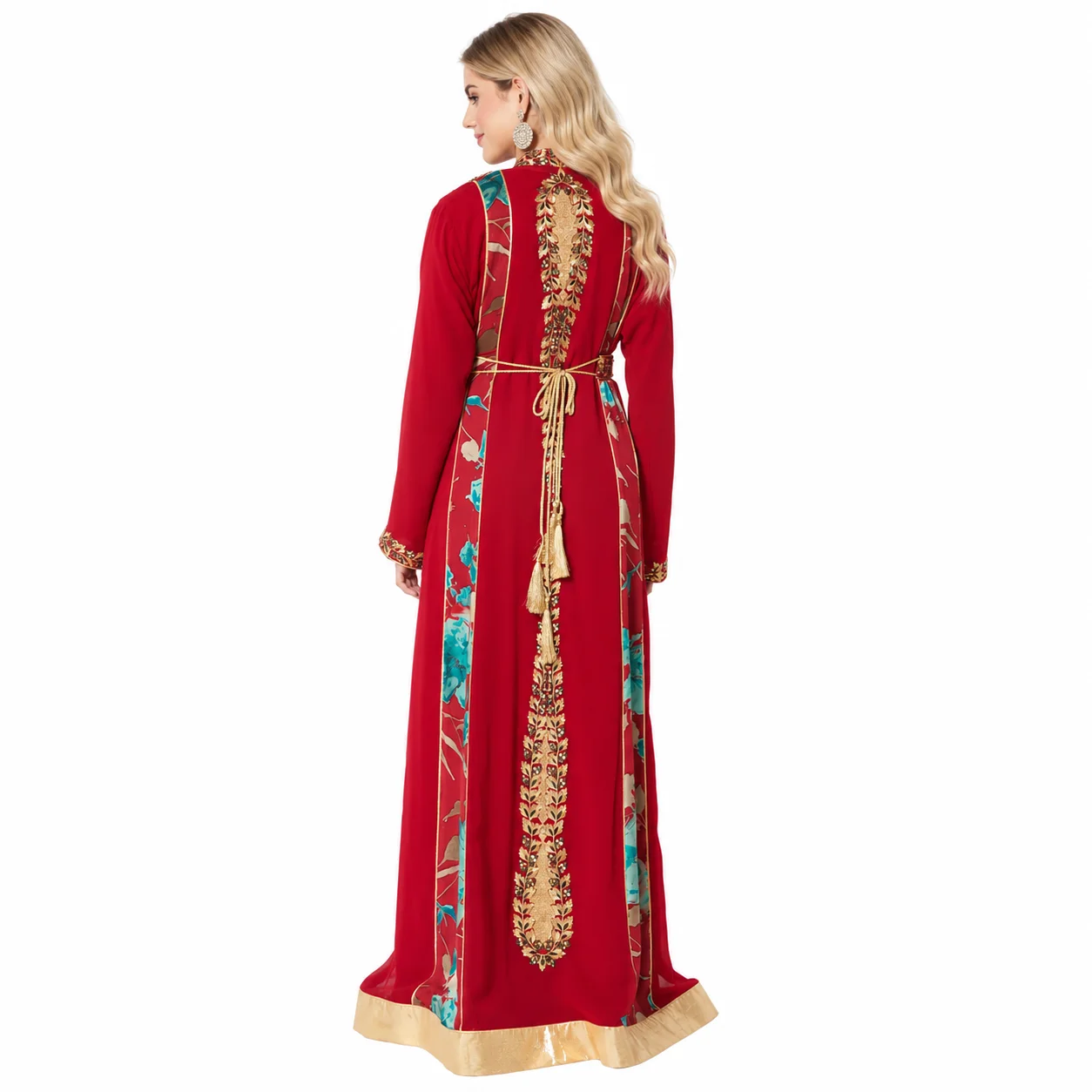 Red Jellabiya Maxi Gown with Traditional Golden Embroidery