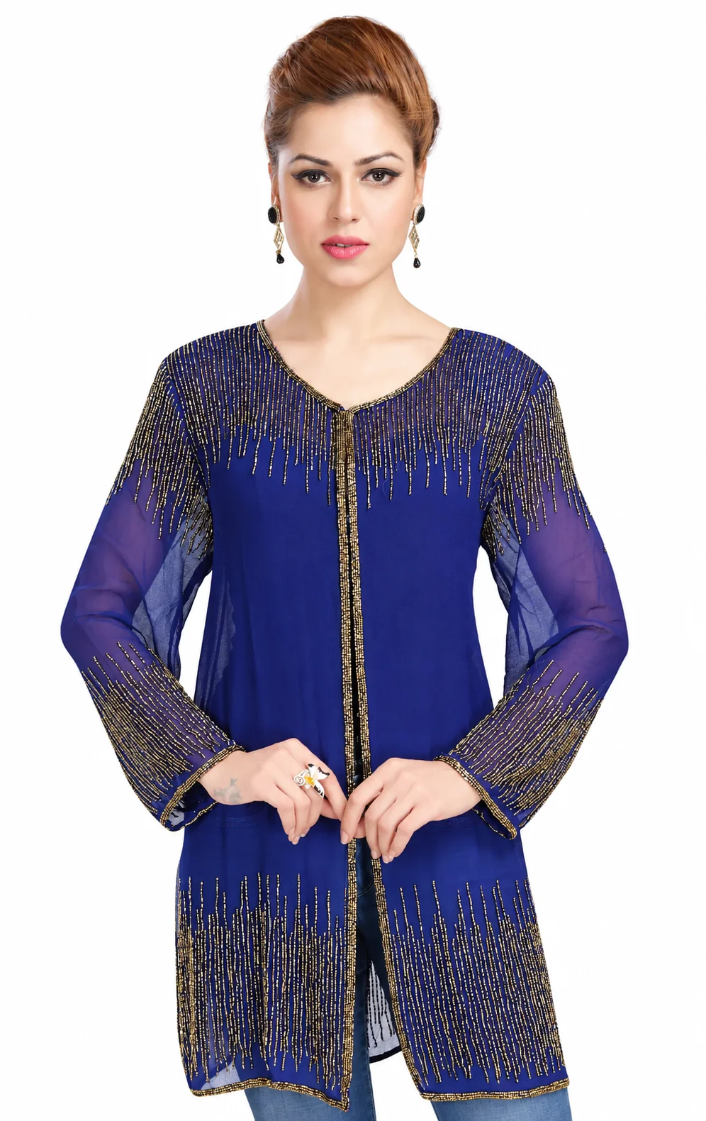 Navy Blue Georgette Party Dress with Golden Hand Embroidery