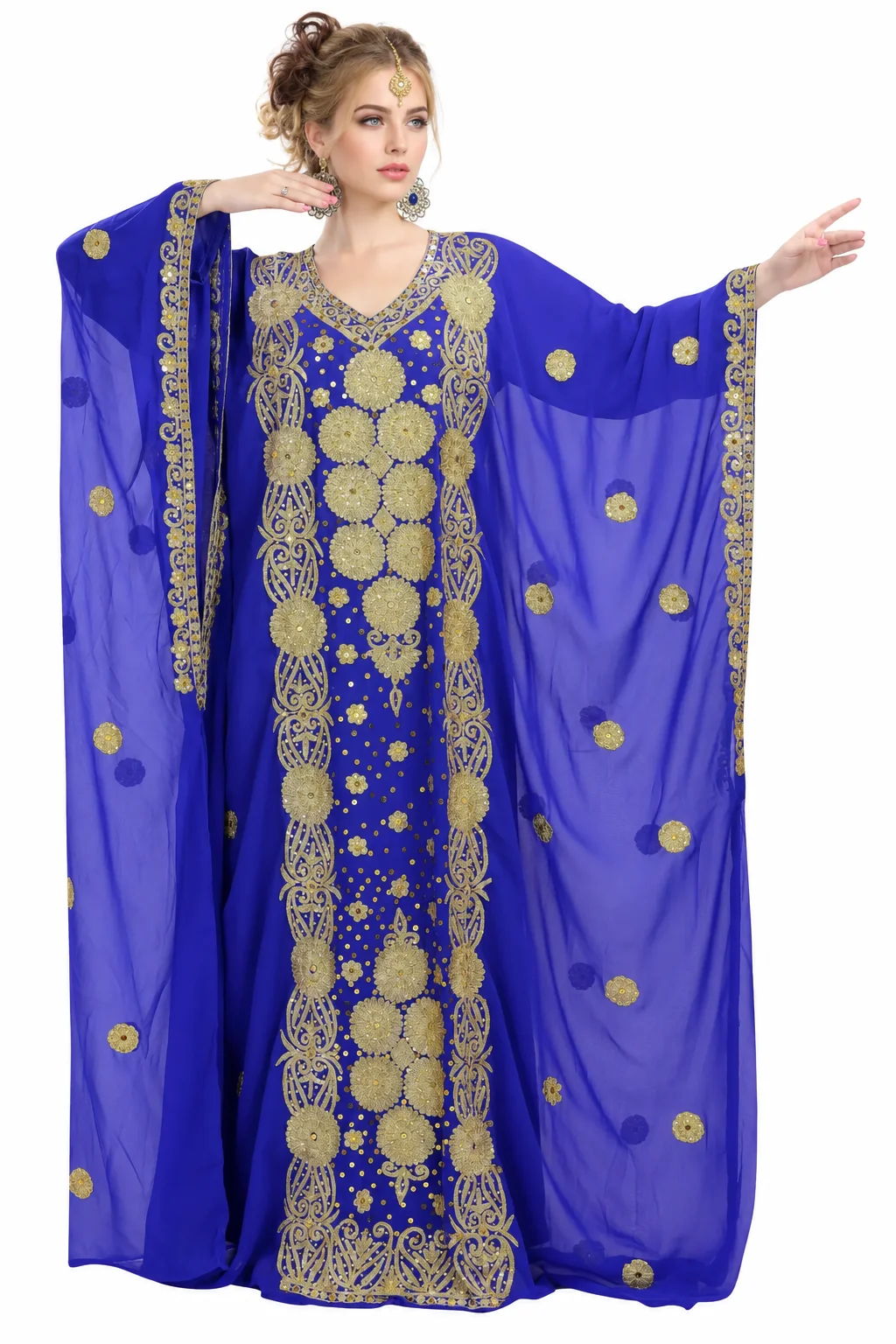 Royal Blue Arabian Maxi Dress with Golden Aari Embroidery