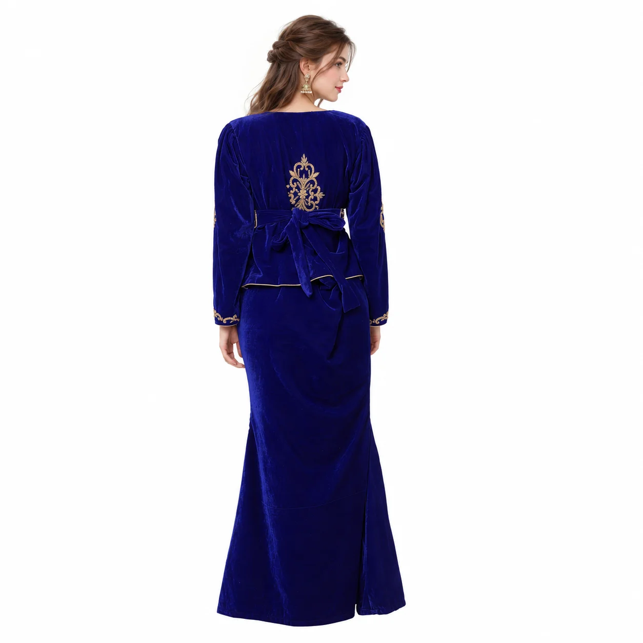Royal Blue Velvet Takchita with Gold Hand Embroidery - Image 2