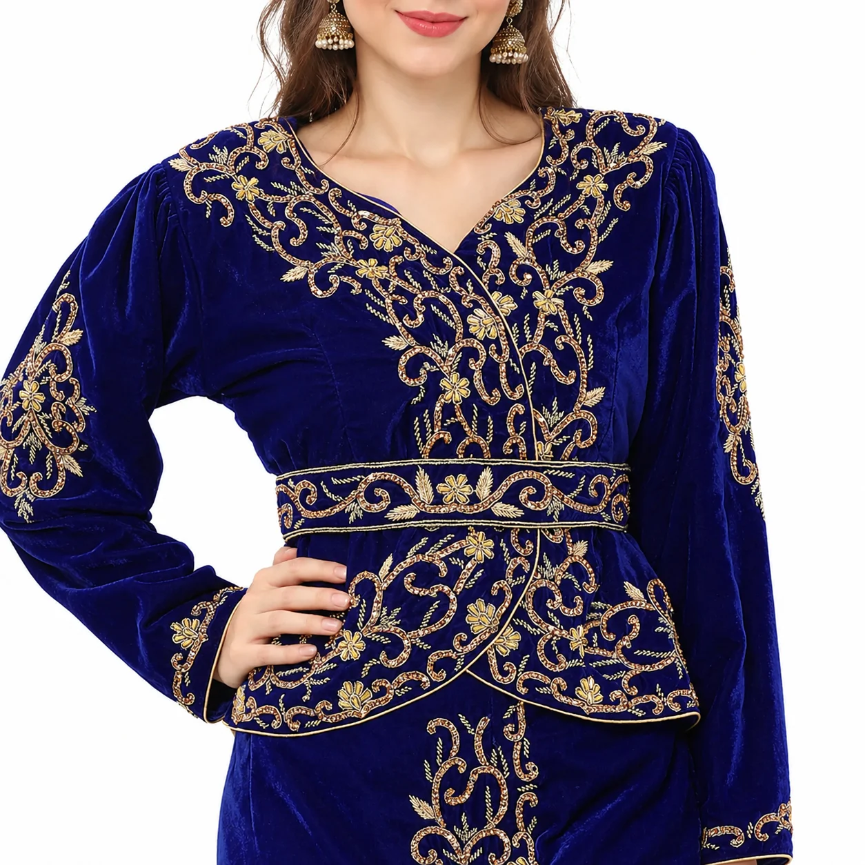 Royal Blue Velvet Takchita with Gold Hand Embroidery - Image 3