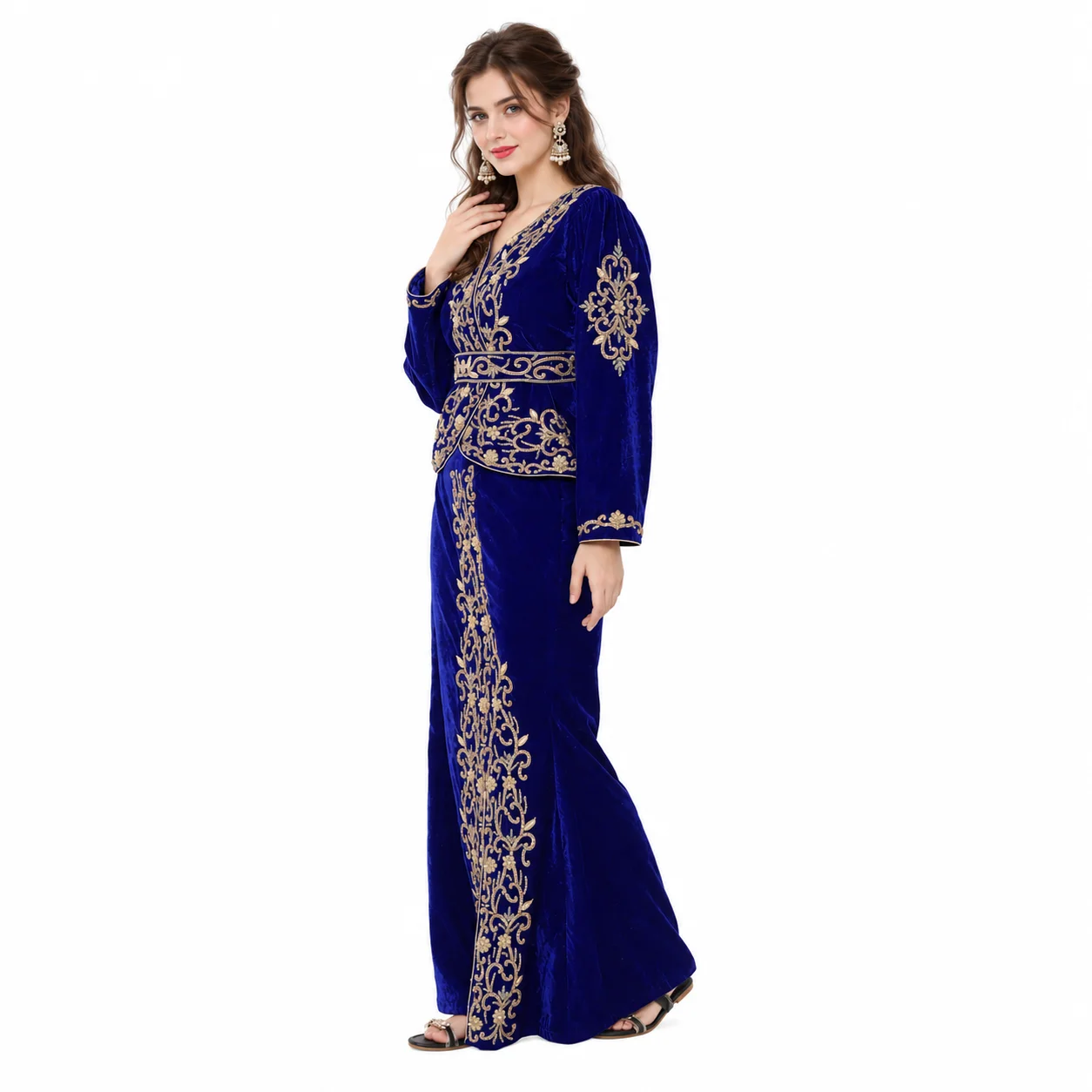 Royal Blue Velvet Takchita with Gold Hand Embroidery - Image 4