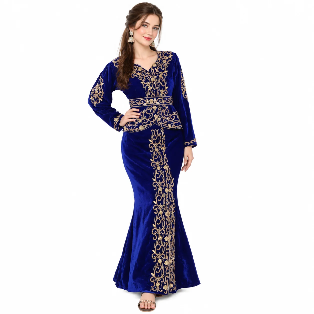 Royal Blue Velvet Takchita with Gold Hand Embroidery - Image 5