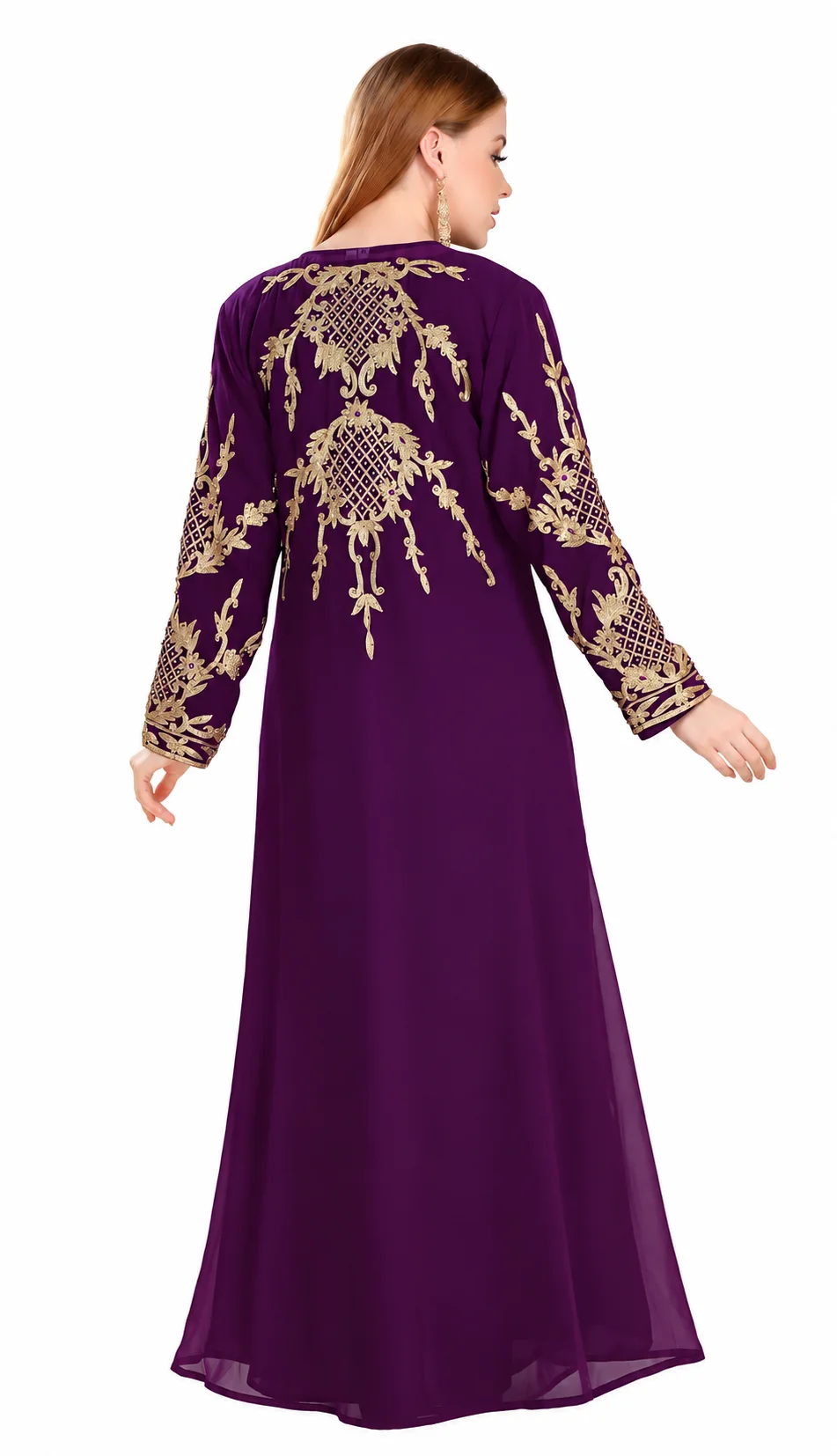 Purple Arabian Designer Caftan Gown with Golden Embroidery