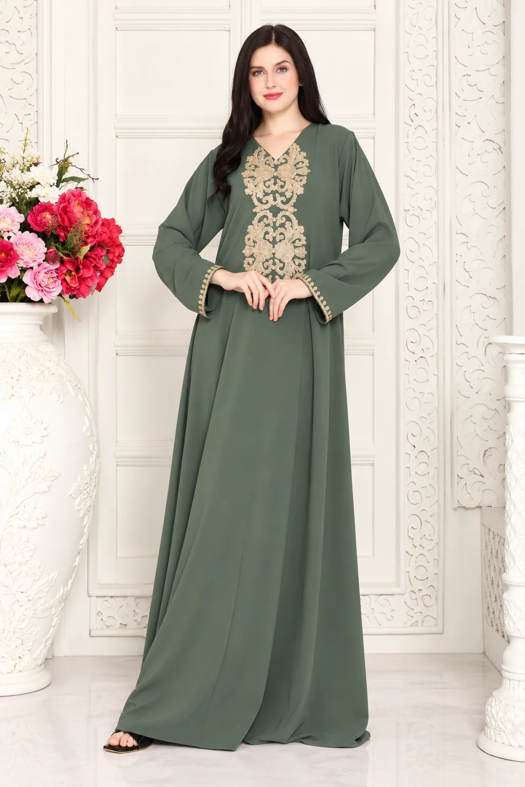 Green Arabic Kaftan Dress with Gold Aari Embroidery