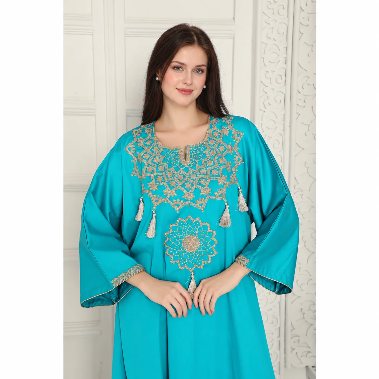 Firozy Blue Arabic Kaftan with Gold Aari Embroidery & Tassels
