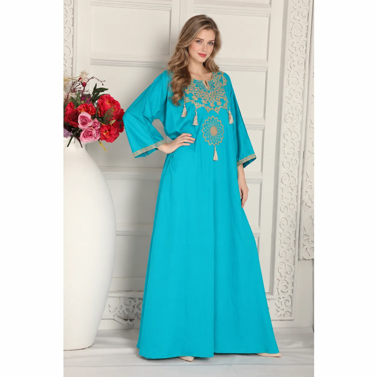 Firozy Blue Arabic Kaftan with Gold Aari Embroidery & Tassels - Image 5
