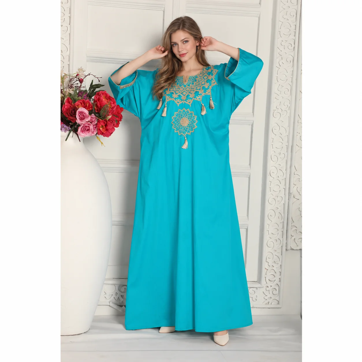 Firozy Blue Arabic Kaftan with Gold Aari Embroidery & Tassels - Image 4