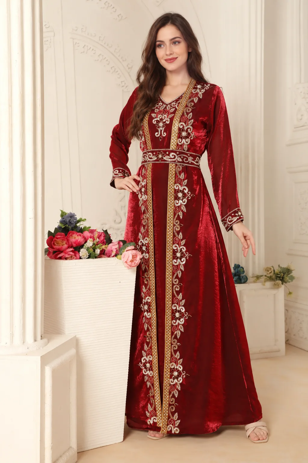 Maroon and Gold Zari Embroidered Front-Open Wedding Gown