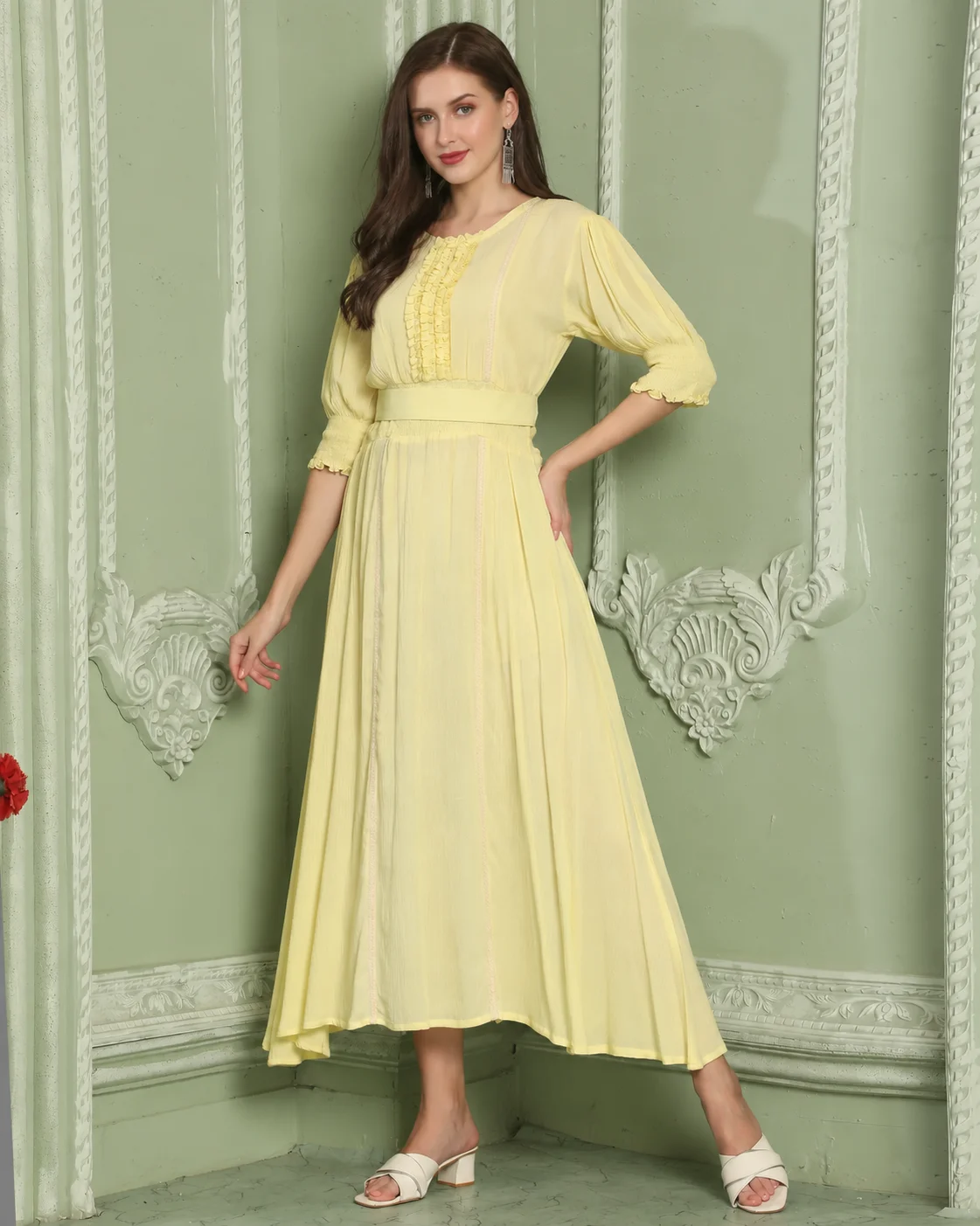 Yellow Smocked A-Line Partywear Dress with Frill Lace