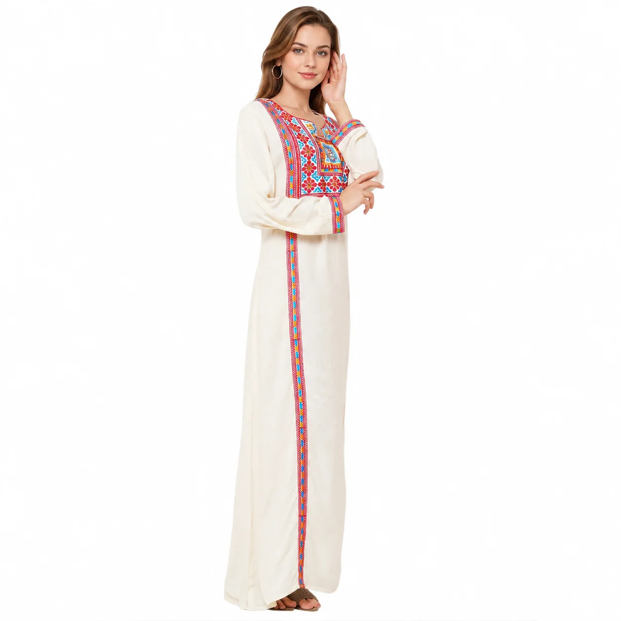 Cream Embroidered Rayon Kaftan Maxi Dress with Scarf Option